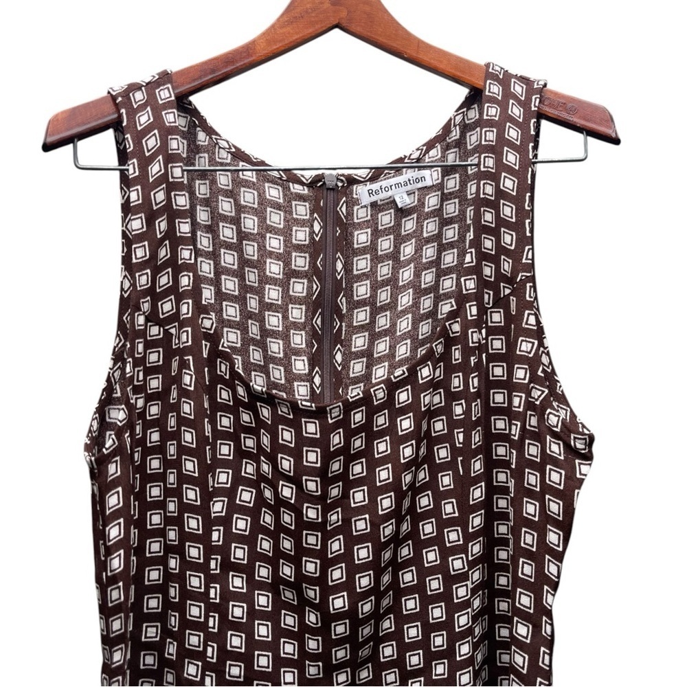 Reformation Noha Geo Print Square Neck Sleeveless Mini Dress In Brown 12 Large - Picture 6 of 10